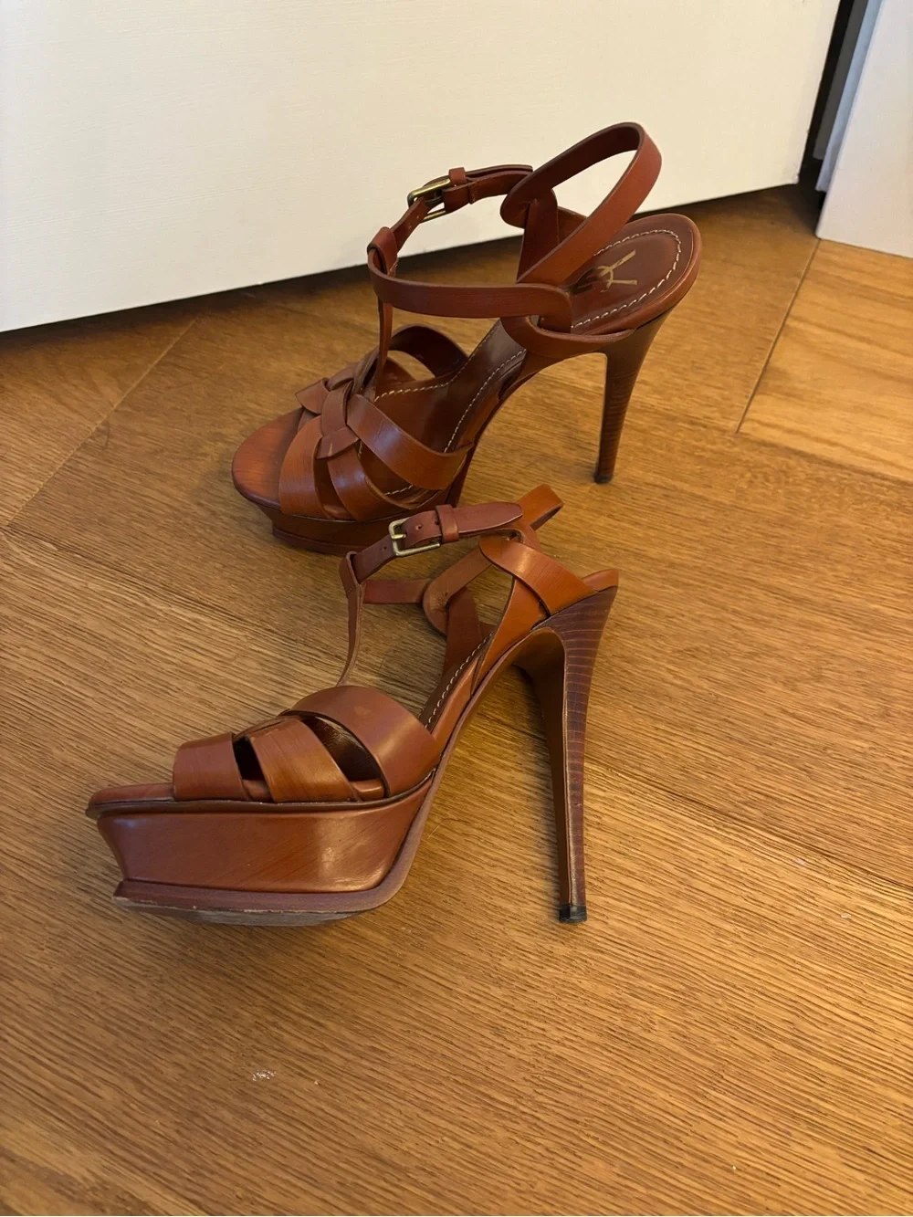 Yves Saint Laurent Tan Leather T-Strap Platform Heels